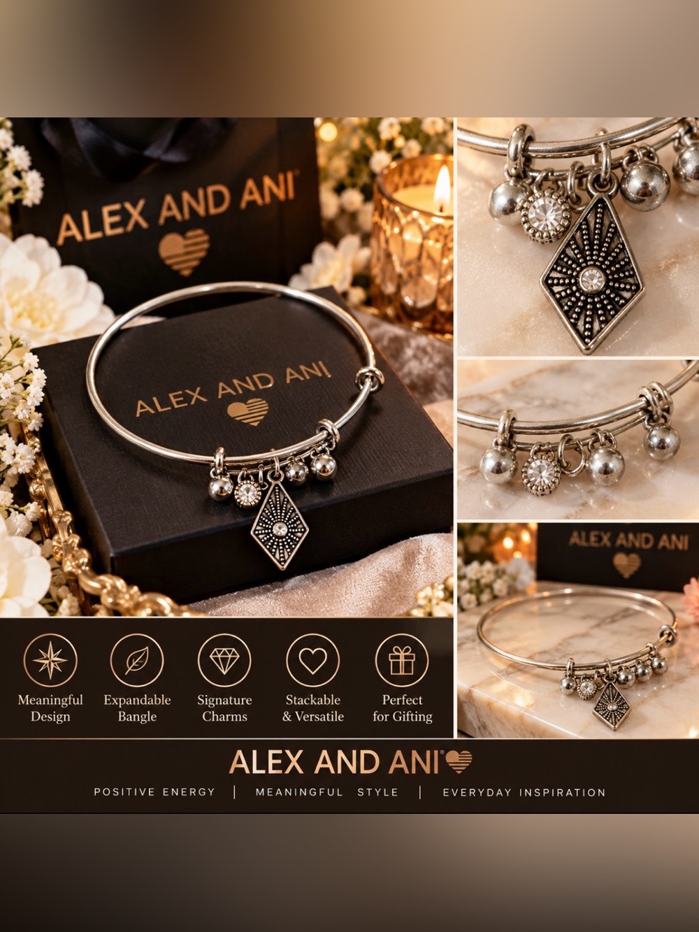 Alex and Ani Silver Diamond Charm Expandable Bangle - Silver